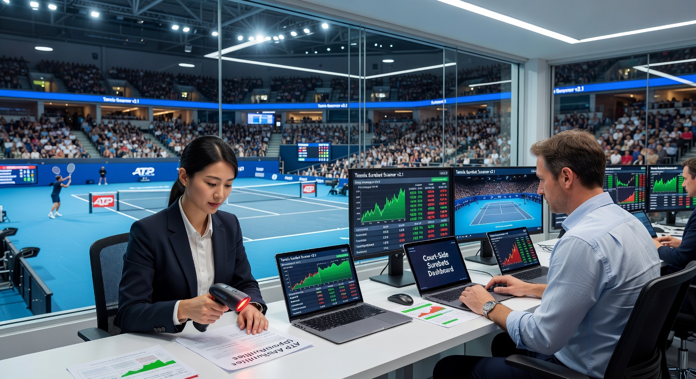 Digital scanner interface displaying live ATP tennis surebet alerts with odds from multiple bookmakers and stake calculator results