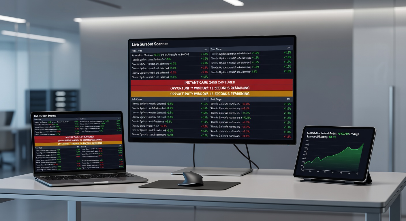 Close-up of a bettor's screen showing a live surebet alert for a basketball game, with stake calculations and bookmaker odds side-by-side for quick action