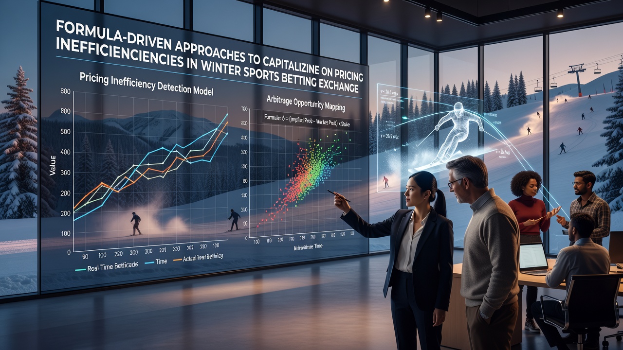 Winter sports athletes in action with overlaid betting exchange data streams and algorithmic pricing analysis