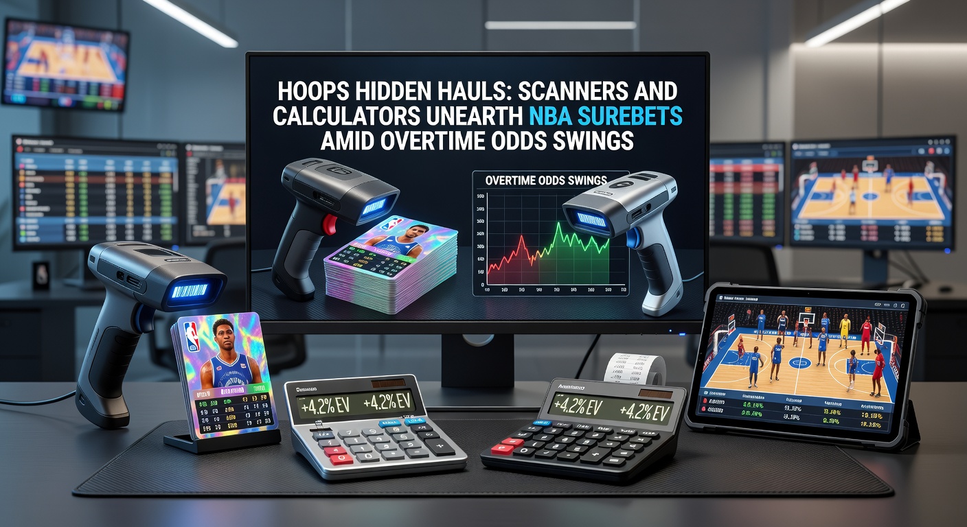 Close-up of a betting scanner interface displaying NBA overtime surebet alert with stake calculator breakdown and profit projection