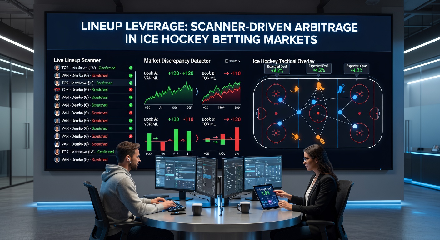 Close-up of a betting scanner interface displaying live ice hockey arbitrage opportunities tied to recent lineup changes across multiple sportsbooks