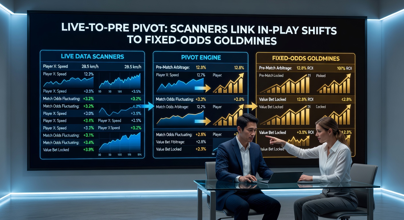 Close-up of scanner interface displaying linked in-play odds graph flowing into pre-match fixed-odds comparison table, with highlighted profit margins