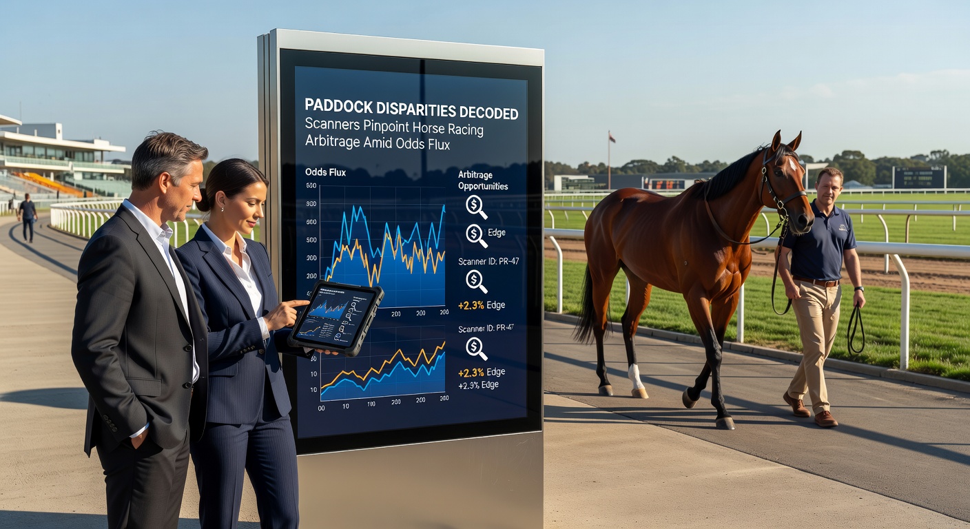 Real-time scanner dashboard highlighting a live horse racing arbitrage opportunity with odds from multiple bookmakers and calculated stakes