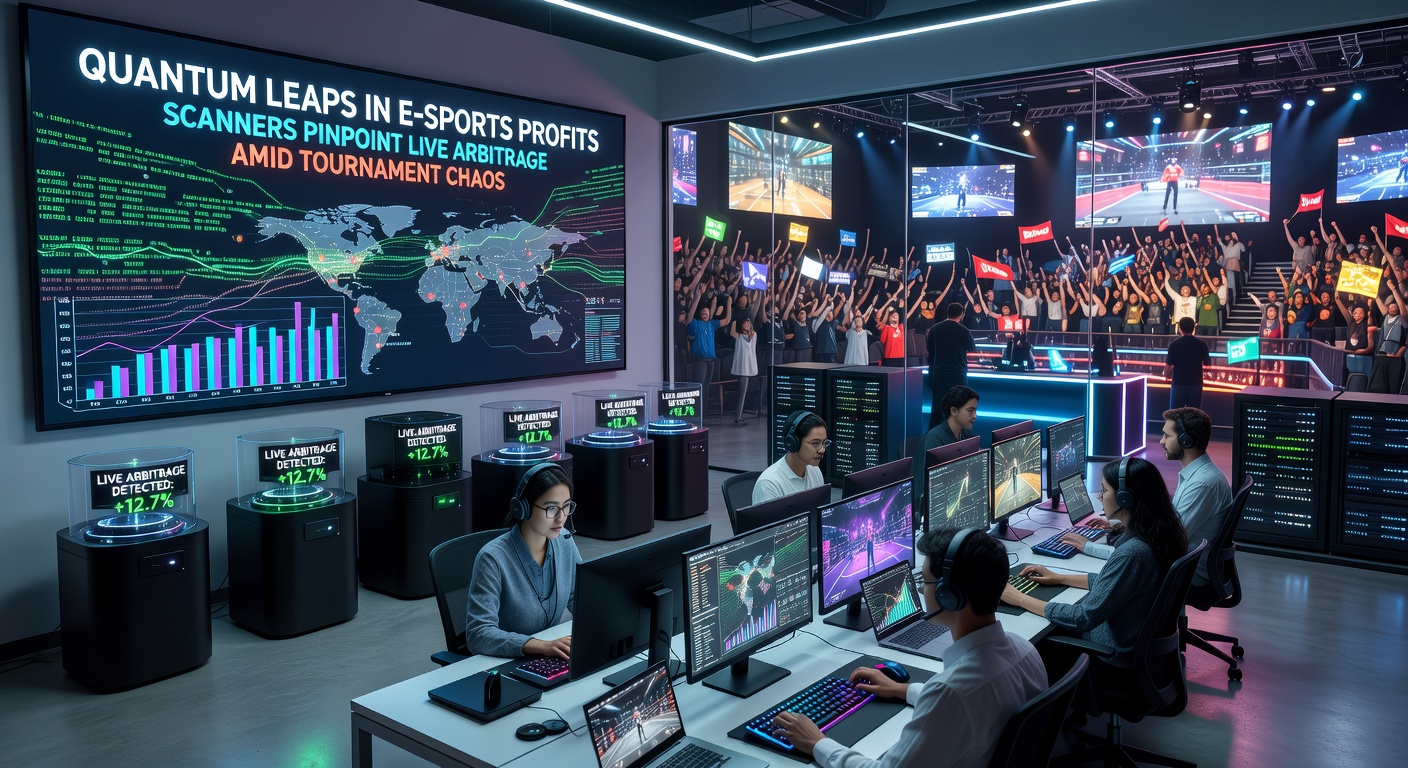 Close-up of a multi-monitor setup displaying live e-sports odds feeds, scanner alerts flashing red for arbitrage spots during an intense match