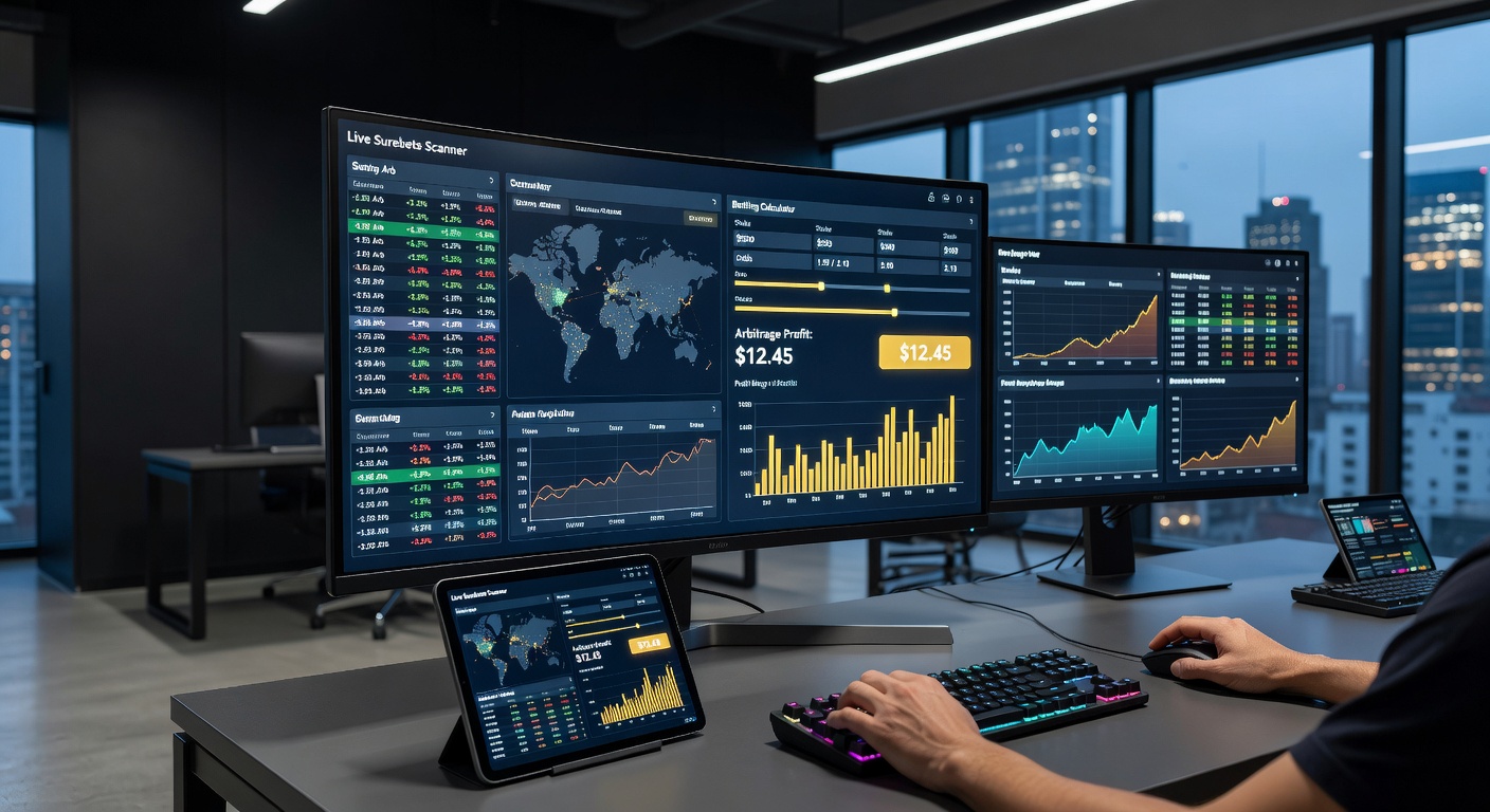 Betting calculator interface computing stake allocations for live arbitrage opportunities